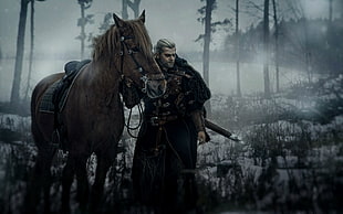 man beside brown horse painting, The Witcher, Geralt of Rivia, sword, horse