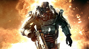 robot holding gun 3D illustration, video games, Fallout 3, power armor, Fallout HD wallpaper