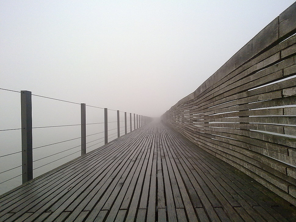 photo of brown wooden pathway surrounded by thick fogs HD wallpaper
