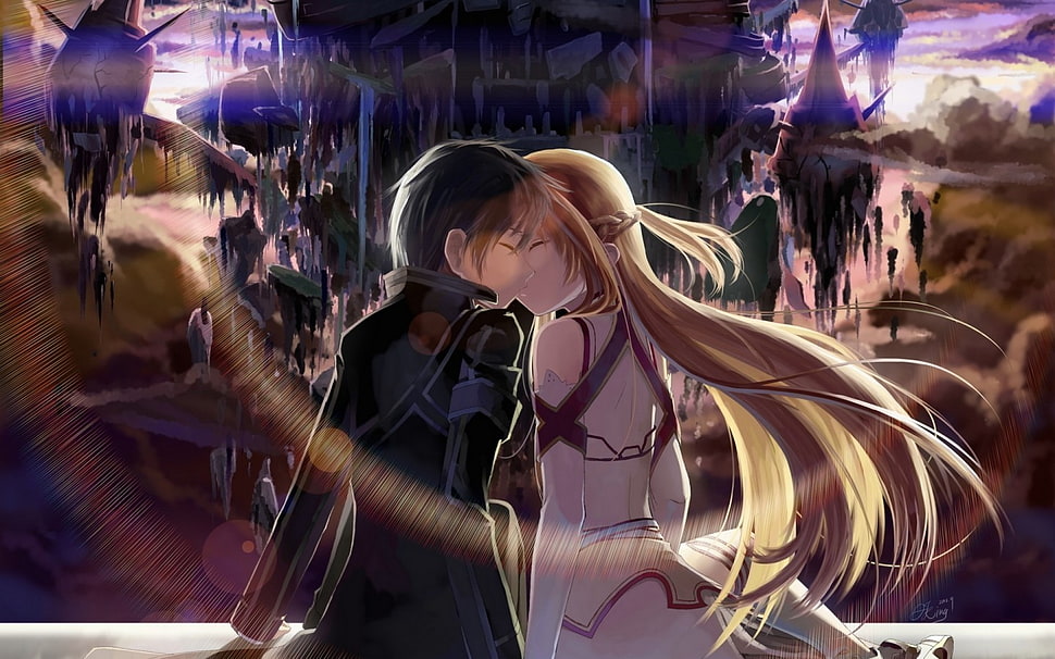 Kirito and Asuna from Sword Art Online illustration, Sword Art Online, Kirigaya Kazuto, Yuuki Asuna, kissing HD wallpaper
