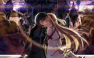 Kirito and Asuna from Sword Art Online illustration, Sword Art Online, Kirigaya Kazuto, Yuuki Asuna, kissing HD wallpaper