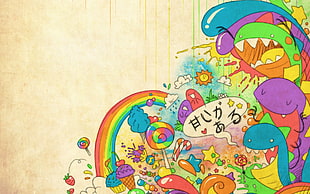 lollipop, cupcakes, and rainbow artwork