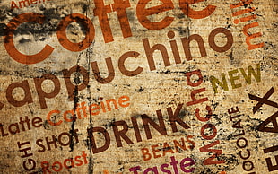 multicolored text-printed board, coffee, typography