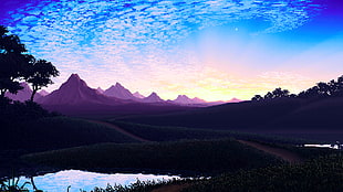 purple mountains and blue sky illustration