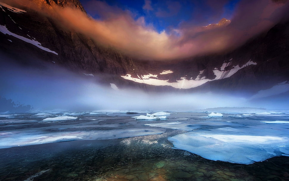 mountain, sea, and fogs, nature, landscape, lake, Glacier National Park HD wallpaper