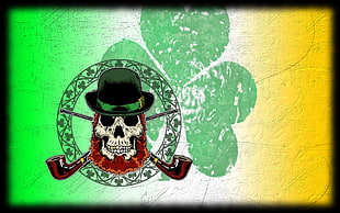 green clover leaf, skull with black bowler hat illustration, skull, Shamrock, Ireland