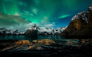 aurora borealis, nature, lake, mountains, Norway