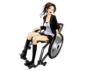 female anime character in black jacket and skirt sitting on wheelchair