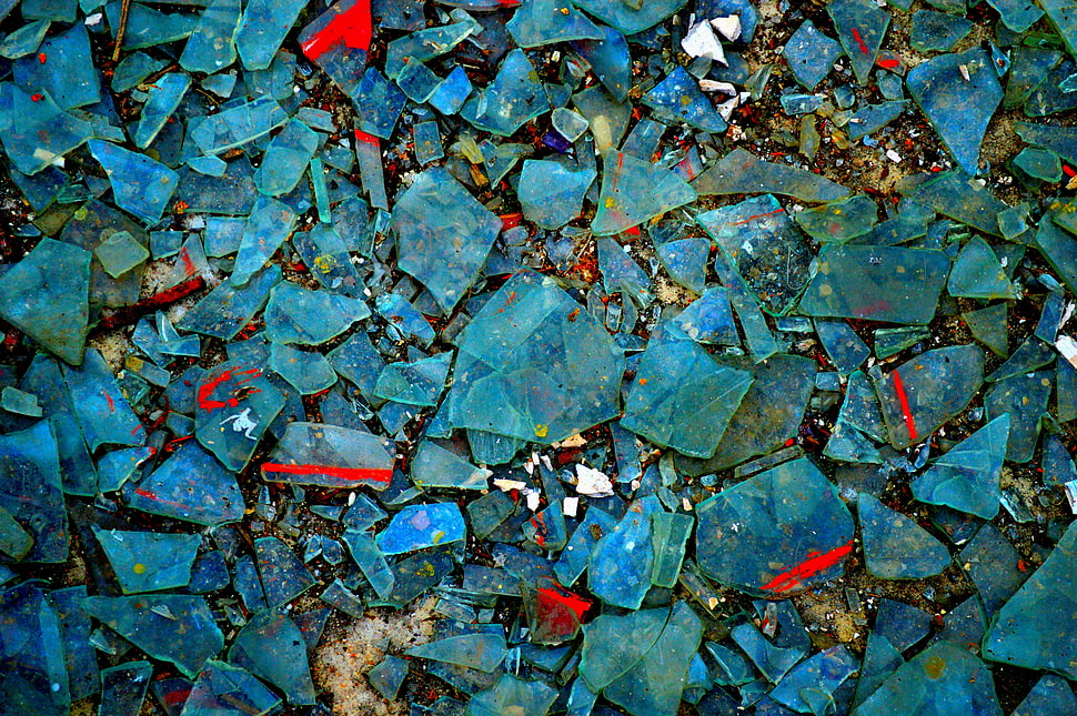 blue glass fragment lot, glass, shattered, broken glass HD wallpaper