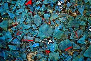 blue glass fragment lot, glass, shattered, broken glass