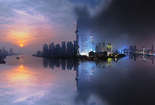 Shanghai Skyline day and night edited photo HD wallpaper