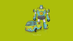 van and robot cartoon character illustration, car, Transformers, minimalism, Scooby-Doo