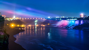 brown concrete bridge, Niagara Falls, waterfall, river, lights