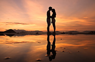 low angle silhouette photo of couple HD wallpaper