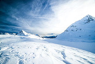 white and blue floral textile, landscape, snow, winter, mountains