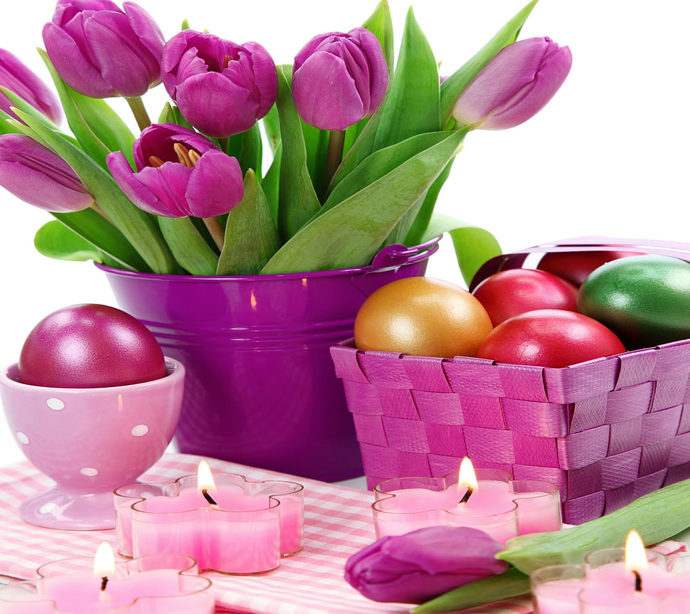 purple wicker basket filled with fruits HD wallpaper