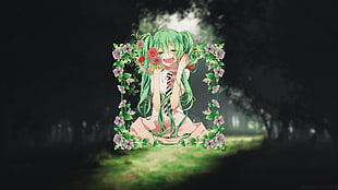 green hair female anime character, anime, Hatsune Miku, flowers, picture-in-picture