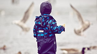 toddler wearing purple and blue coat with hood