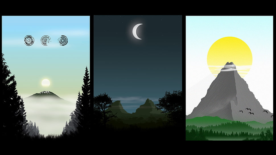 gray mountain illustration, hills, pine trees, clear sky, landscape HD wallpaper