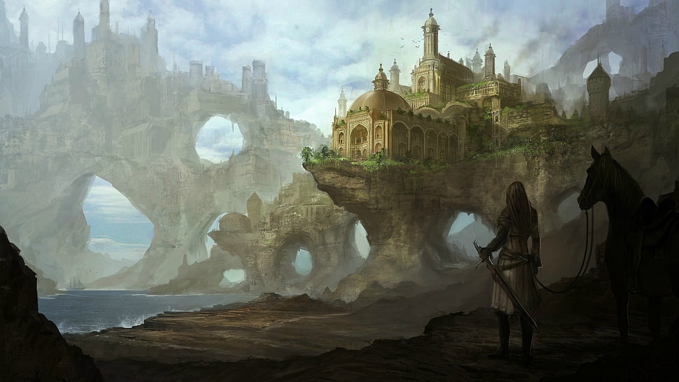knight and castle illustration, artwork, fantasy art, castle, horse HD wallpaper