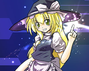 female in yellow hair and blue hat anime character digital wallpaper