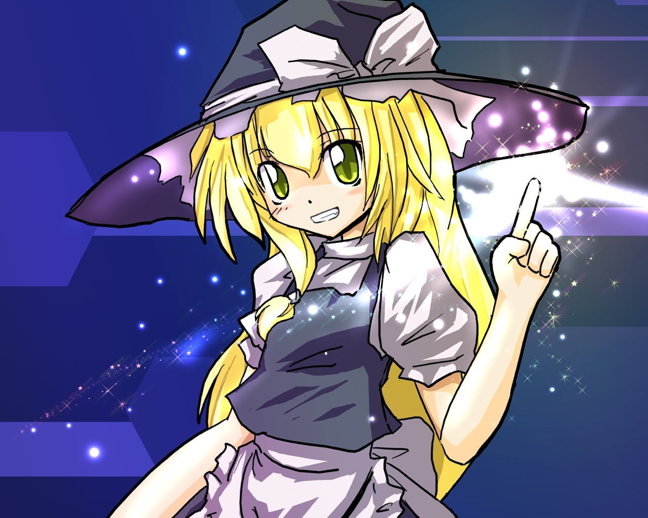 female in yellow hair and blue hat anime character digital wallpaper