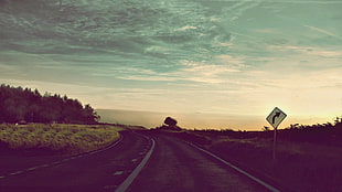 gray road, road, nature, sunset, clouds