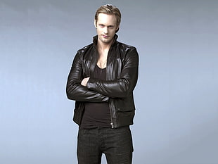 man in leather zip-up jacket and inner shirt
