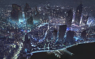 aerial photography of city escape during nighttime, digital art, cityscape, aerial view, futuristic city HD wallpaper