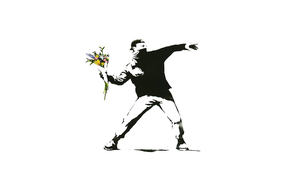 man holding flowers illustration, minimalism, white background, Banksy, graffiti HD wallpaper