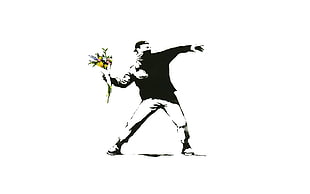 man holding flowers illustration, minimalism, white background, Banksy, graffiti HD wallpaper