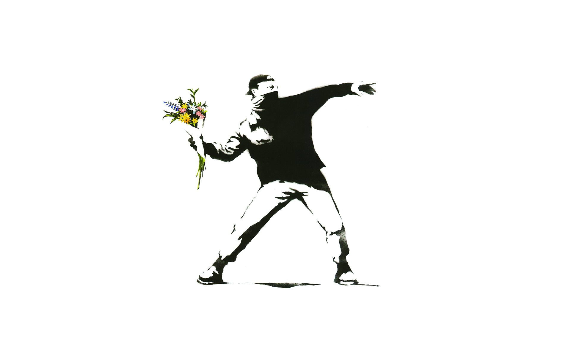 man holding flowers illustration, minimalism, white background, Banksy, graffiti