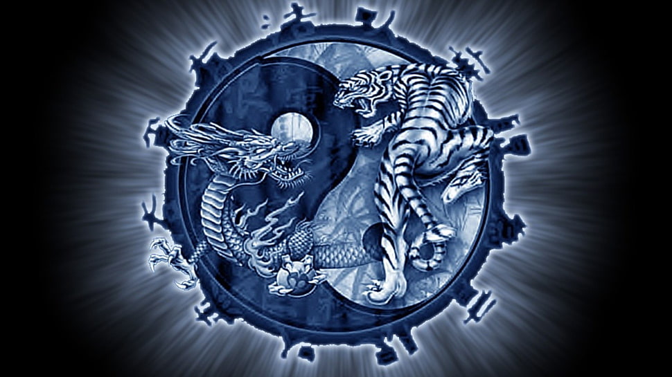 Yin and Yang with Tiger and Dragon illustration, dragon, tiger, Yin and Yang HD wallpaper