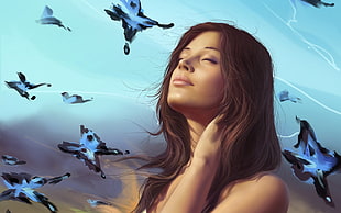woman closing eyes surrounded by Ulysses Butterflies digital wallpaper HD wallpaper