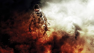 soldier surrounded by gray ash illustration, soldier, gun, USA, Medal of Honor Warfighter
