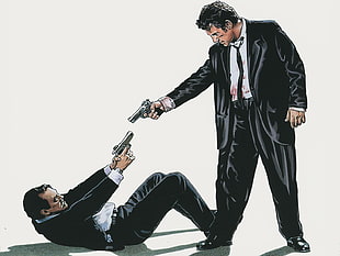 two person in black suits pointing gun on each other illustration