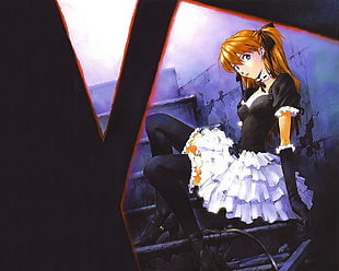 anime woman wearing black and white sweetheart-neck midi dress wallpaper HD wallpaper
