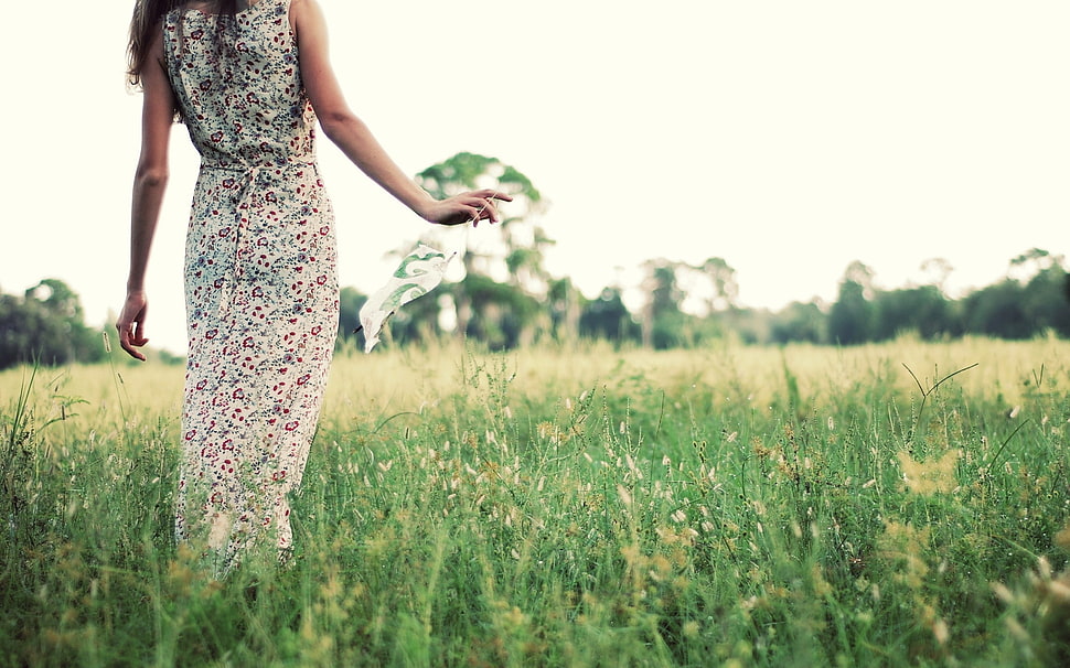 woman standing on green grass field HD wallpaper