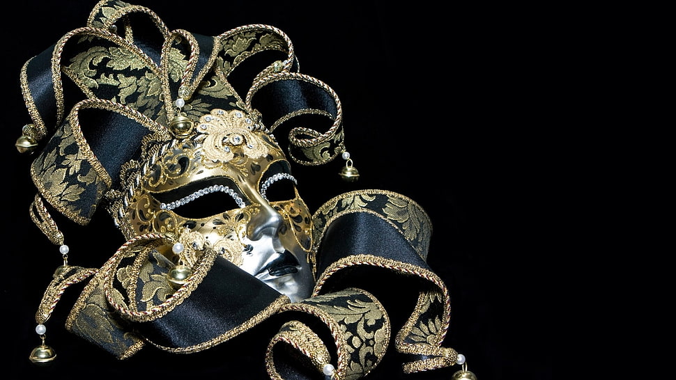 black and brown floral masquerade mask with black background HD wallpaper