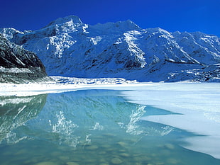 snow-capped mountain, water, mountains