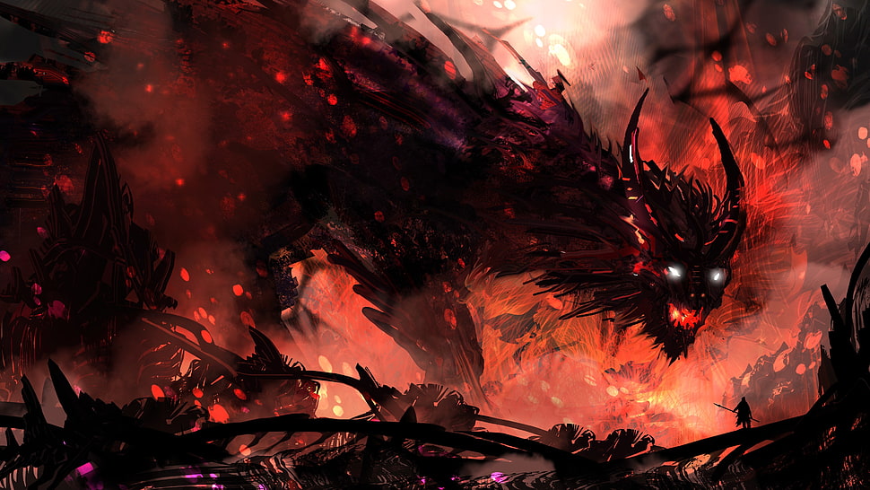 black flame monster wallpaper, fantasy art, creature, hero, fire HD wallpaper