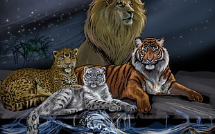 tiger and lion painting, lion, tiger, trees, waves HD wallpaper