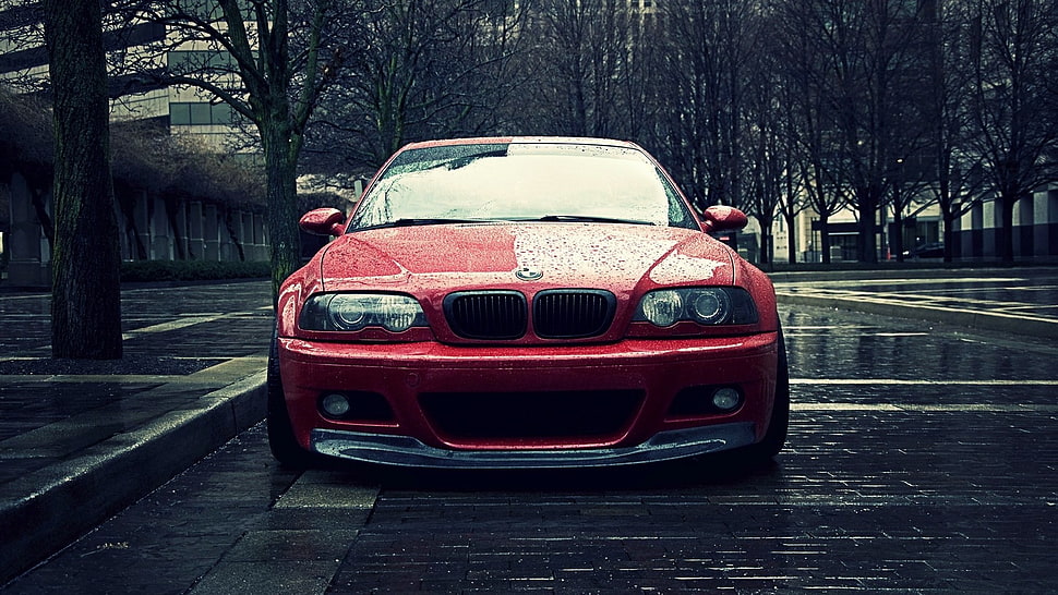 red BMW car, BMW, car, urban, city HD wallpaper