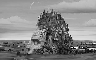 illustration of gray castle town, Jacek Yerka, monochrome HD wallpaper