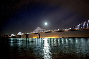 brown and white metal bridge, bridge, San Francisco, water, night sky HD wallpaper
