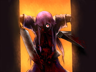 anime character with purple hair and holding sword, Mirai Nikki, Gasai Yuno, blood, Scream