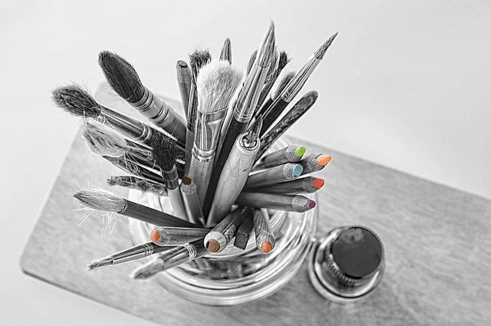 gray steel paintbrushes, abstract, painting, selective coloring HD wallpaper