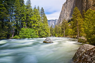 timelpase photography of river and mountains HD wallpaper