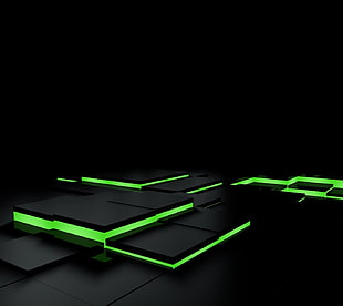 black and green LED template, abstract, black, green, 3D Blocks HD wallpaper
