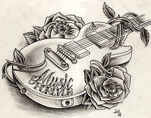 sketch of Les Paul guitar with Rose Flower HD wallpaper